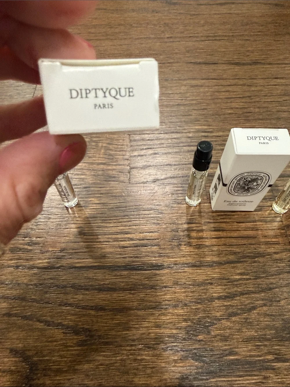 diptyque White Canvas Drawstring Pouch with Black Logo and 3 Sample Vials